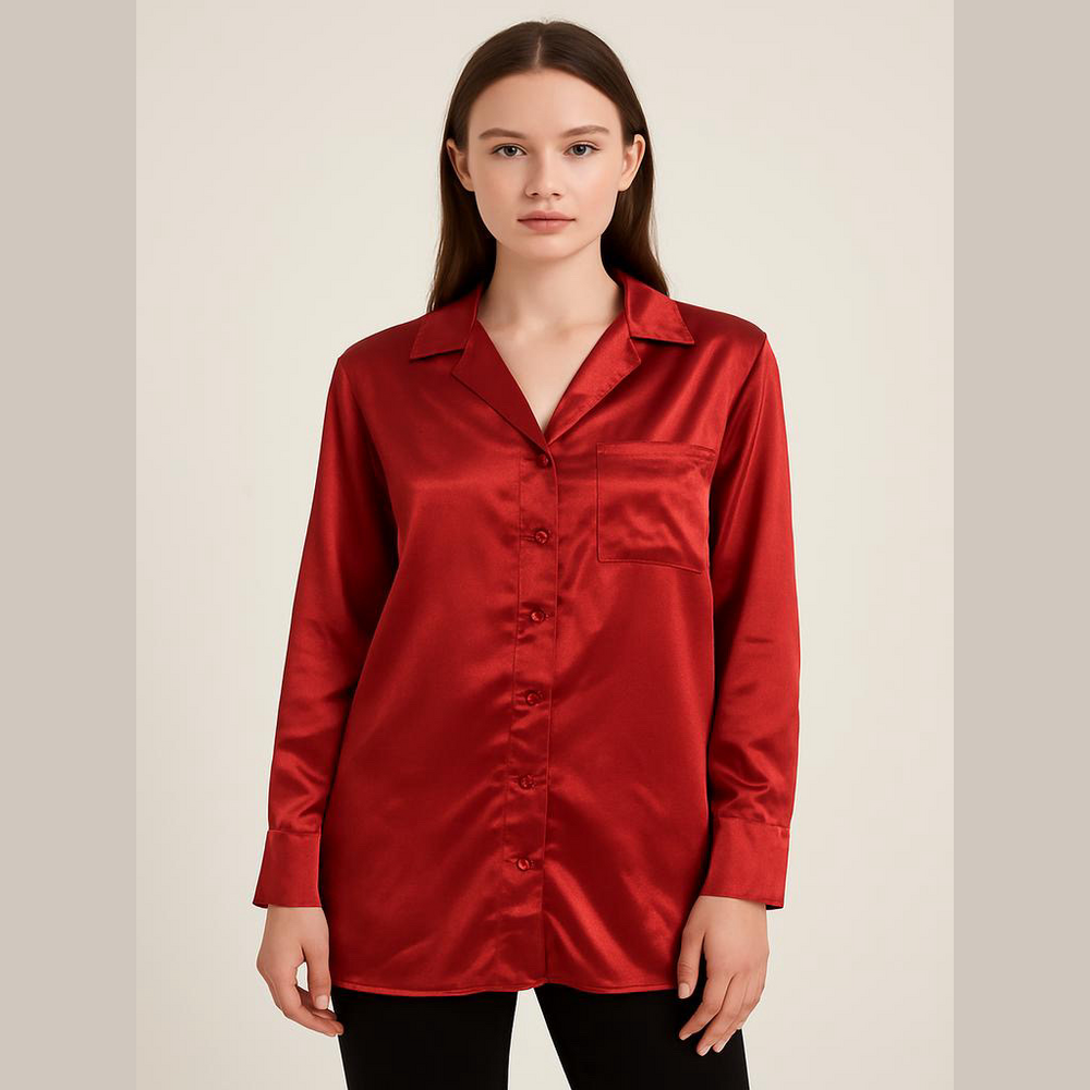 Jolie & Joy Red Satin Shirt - Women's L - Button Down